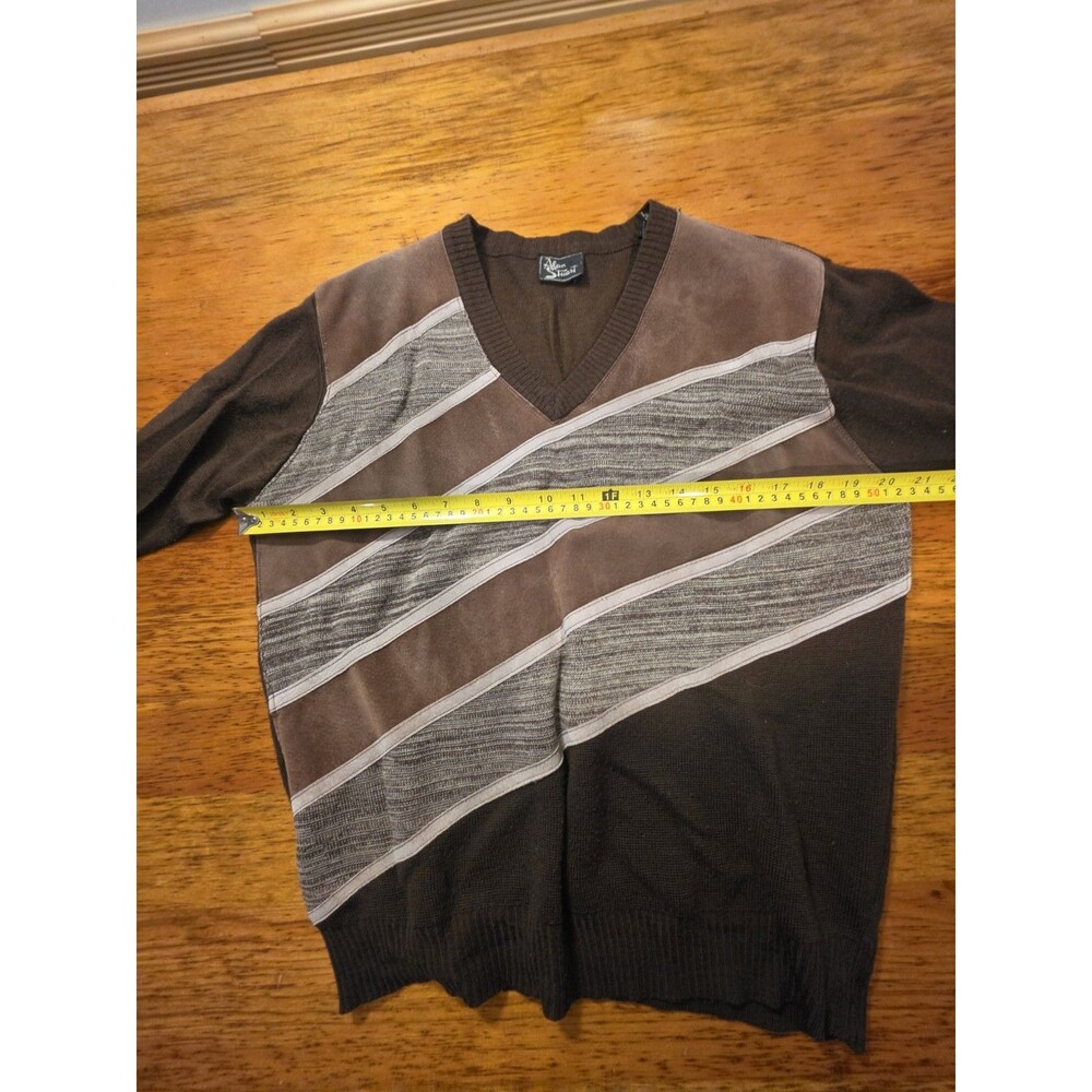 VTG 70s 80s Alan Stuart V Neck Sweater Genuine Suede Leather Patch Trim Mens Med - Picture 5 of 11